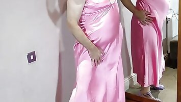 Sexy crossdresser gorgeous full length pink satin.